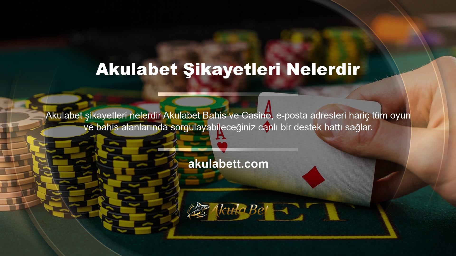 Sonuç olarak, tüm şikayetleriniz, sorunlarınız, yardım talepleriniz, bonus erişim ve canlı destek hatlarınız (Akulabet web sitesinde aklınıza gelebilecek tüm hizmetler hakkında bilgi ve yardım isteyebilirsiniz) bazen birkaç dakikalık gecikmeye neden olur